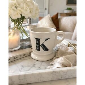 Anthropologie Tiled Margot‎ Monogram Mug Letter K Cream Ceramic Bistro Cup